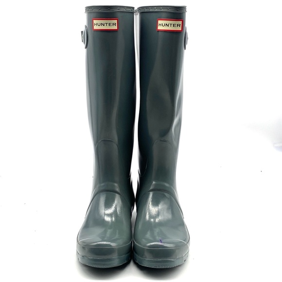 HUNTER TALL GRAY GLOSSY ORIGINAL CLASSIC LOGO RAIN BOOTS LADIES SIZE 7 - Picture 1 of 10